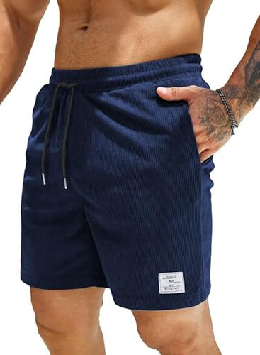 JMIERR Kurze Hosen Herren Corduroy Shorts Sommer Baumwolle Leinen mit Gummizug Taschen Blau M
