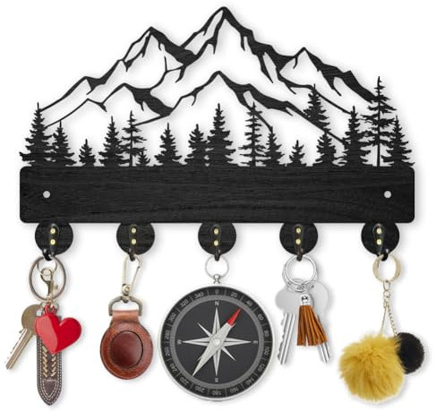 MAYJOYDIY Porte Clés Mural en Bois de forêt de montagne 30 x 19 cm avec 5 crochets métalliques pour Décoration d'intérieur, Cadeau, Porte-vêtements mural pour entrée, cuisine, couloir