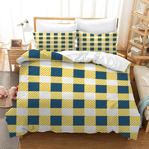 HOBBOY Gelbe Twill-Bettwäsche-Bettbezug-Sets Blau-Weiß-Schachbrettgitter-Bettbezug mit Reißverschluss 2 Kissenbezüge Weiche Mikrofaser-Bettwäsche-Sets 160x200 cm