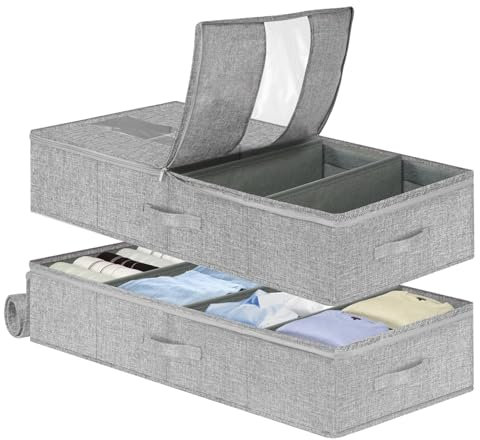 Huquter Underbed Storage with Adjustable Dividers 50L, 2 Pack Large Under Bed Storage Box with Lid & Clear Window, Foldable Under Bed Storage Bag with Zip for Toys, Shoes, Clothes, 80x41x15cm, Grey