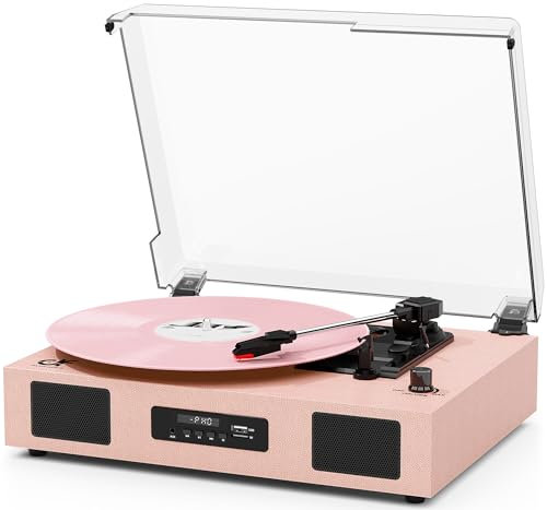 Tourne-Disque Vinyle sans Fil Bluetooth Vintage avec Haut-parleurs améliorés, Enregistrement USB, Lecteur LP avec entraînement par Courroie à 3 Vitesses, Support RCA Line-Out AUX Input EQ, Rose