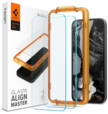 Spigen AlignMaster Protector Pantalla para Google Pixel 8a, 2 Unidades, Marco de Alineación Incluido, Crystal Clear, Dureza 9H, Compatible con Fundas
