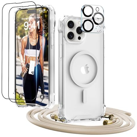 GUtttGU Handykette für iPhone 15 Pro Hülle mit Band mit 2 Displaychutzfolie Panzerglas + 2 Kamera Schutzfolie Transparent Handyhülle Kompatibel mit Magsafe Schutzhülle Case für iPhone 15 Pro Klar