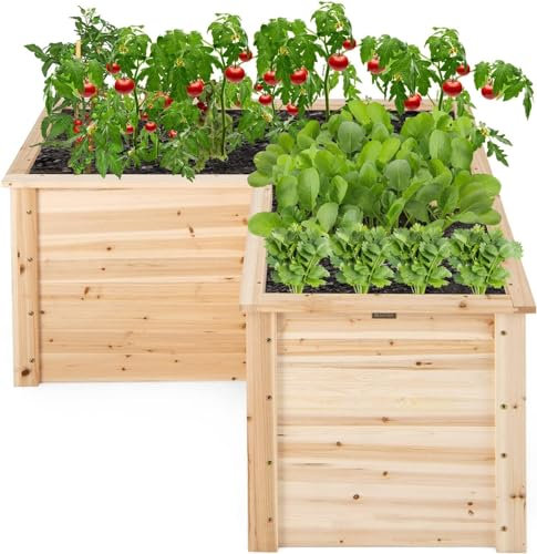 GOPLUS Carré Potager en Bois Haut, Jardinière en Forme de L avec Base Ouverte pour Légumes, Fruits, Fleurs, 120 x 120 x 63 CM, Bac Potager Extérieur pour Balcon, Terrasse, Jardin (Naturel)