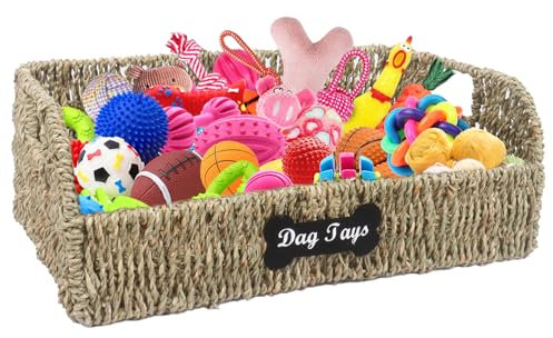 Ctomche Dog Toy Box Trapezoid Dog Toy Basket with Handle Dog box Wicker Basket for Dog Toy Pet Toy Cat Toy Box Seagrass Basket Wicker Toy Box for Dog Food, Leashes, Blanket 38×24×14