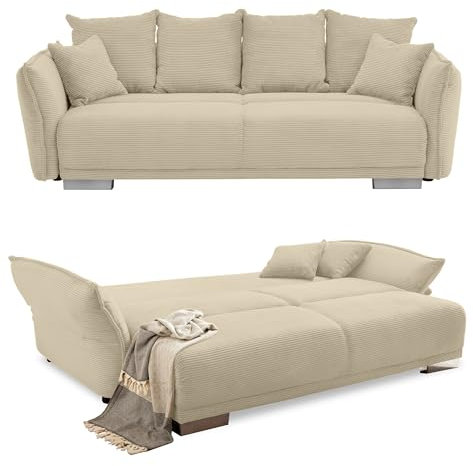 Big Sofa 242x131 cm mit Schlaffunktion, Stauraum, Armlehnenverstellung, Lounge Couch mit Federkern und Wellenunterfederung, Liegefläche 168x199 cm, Bezug Cord in Beige Grau / 17215
