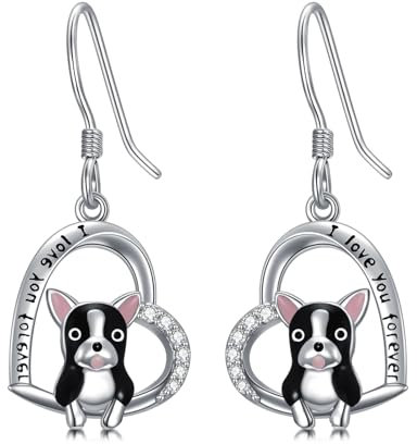 Französische Bulldogge Ohrringe 925 Sterling Silber Herz Bulldogge Hund Ohrringe Hängend Bulldogge Hund Schmuck Geschenke für Damen Mädchen