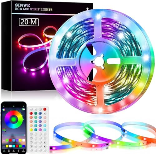 SINWE Striscia di luci a LED da 20 m, sincronizzazione musicale, con telecomando a 44 tasti e controllo tramite app, luci RGB che cambiano colore, per camera da letto, casa, cucina, feste, decorazioni