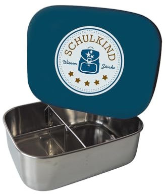 kikadu Brotdose Schulkind Petrol - Kindergeschirr, BPA-frei, mit niedlichen Aufdrucken, Maße 17x13x5,5cm