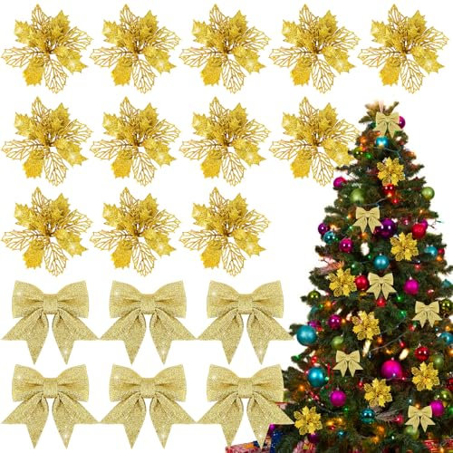 BOFUNX 12 Stück Glitzer Weihnachtsstern Blumen mit 6 Stück Glitzer Weihnachtsschleifen Deko Weihnachtsbaumschmuck Weihnachtsdeko für Weihnachtsbaum Neujahr Dekorationen