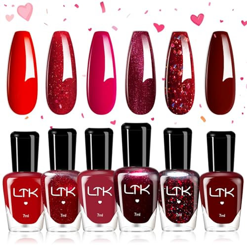DMQ Nail Polish Set, Bloody Mary Red Nail Polish Kit - 6Pcs Shimmer Red Burgundy Red Glitter Nail Varnish, Long Lasting & Quick Drying Nail Gel for Women Christmas DIY Nail Art at Home