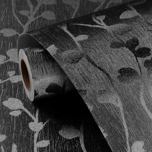 FunStick Peel and Stick Wallpaper for Textured Walls Black Branch Leaf Wallpaper Roll Black Wallpaper for Bedroom Adults Modern Embossed Wallpaper Textured Branch Black Cupboard Vinyl Wrap 40CMx2M