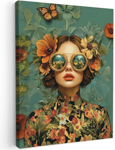 MuchoWow© Bild auf Leinwand 30x40 cm Schlafzimmer Bilder Badezimmer Wand Deko Wohnzimmer Modern Wanddeko Bilderwand Geschenk Frau - Blumen - Schmetterlinge - Natur - Vintage