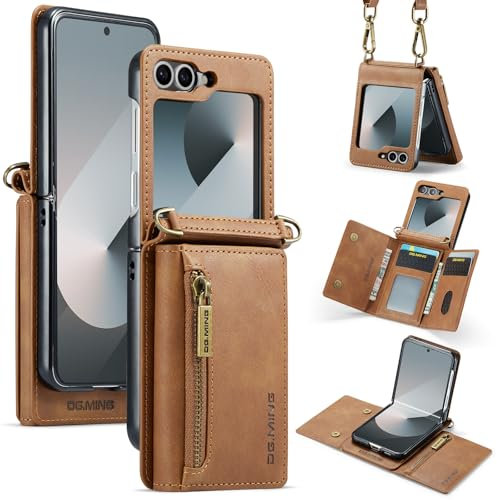 Custodia a portafoglio per Samsung Galaxy Z Flip 4, custodia in pelle di alta qualità con cerniera e tracolla staccabile design fibbia