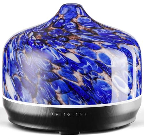 Porseme 500ml Aroma Diffuser,Handgeblasen Glas Diffuser für Ätherische Öle, Luftbefeuchter Ultraschall Cool Mist Leise,7 Arten LED Lichtfarben,Letzte 15-21 Stunden BPA Frei für Wohnung (Deep Blue)
