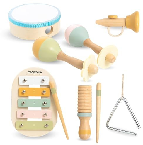 Mamabrum Musikinstrumente-Set - Kindertrommel, Trompete, Xylophon, Maracas, Triangel - Pädagogisches Spielzeug für Kinder ab 18m - Holz Instrumente für Entwicklung (9 Teile)