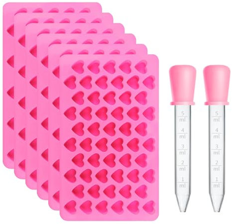 Hinapan 6 mini stampi a forma di cuore in silicone con 55 cavità e 2 contagocce rosa da 5 ml, antiaderente, riutilizzabili, mini stampi per caramelle, a forma di cuore, cubetti di ghiaccio, cioccolato