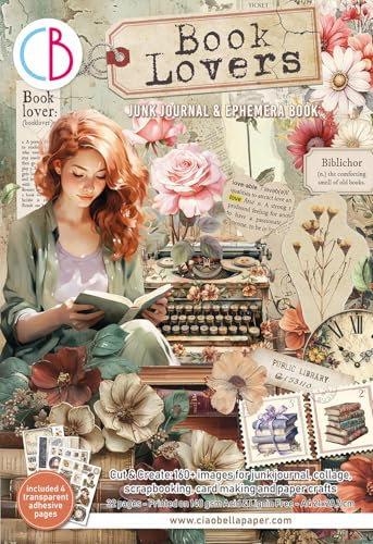 Ciao Bella Junk Journal Ephemera A4 Motivpapier Book Lovers - Scrapbooking Grußkarten Geschenkverpackungen, kreative Projekte