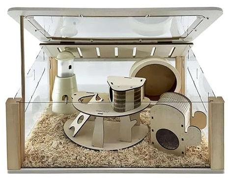 Roodz Designer Hamsterkäfig – 5-teiliges Set mit Laufrad, Versteck, Loft und Kletterelementen – hochwertiger Holz-Acryl-Käfig, pflegeleicht & stabil