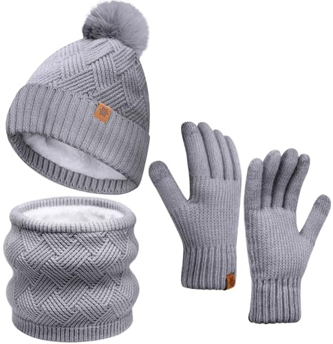 Kulamo Damen Winter Beanie Mütze Schal Touchscreen Handschuhe Set, Warme Wintermütze mit Bommel Loop Schal Thermo Winterhandschuhe, Weihnachten Geschenk für Frauen
