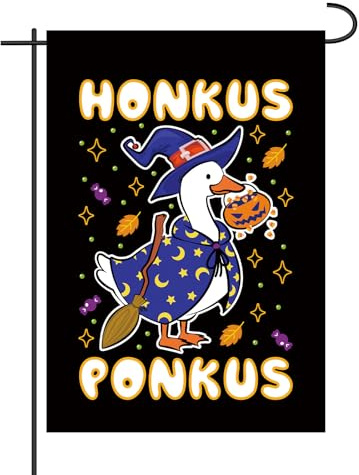 Bandera de Ganso Bruja Honkus Ponkus, 45 x 30 cm Divertida Bandera Halloween para Jardín Vertical Doble Cara Arpillera Decoración de Temporada para Patio Porche y Césped