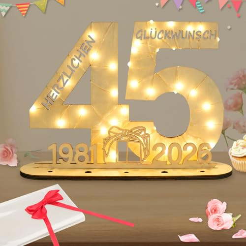 Seutgjie Originelle Geschenk 45 Geburtstag Mann Frau 1981-2026, 45 Hochzeitstag Holz Schild Gästebuch, Geldgeschenke Geburtstag 45 mit LED Lichterkette Geschenkpapier, 45 Geburtstag Deko