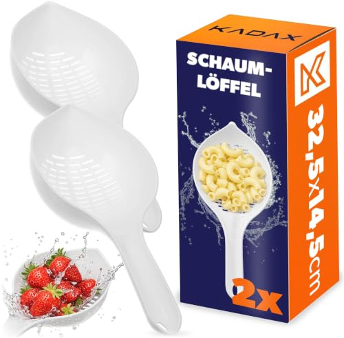 KADAX Colino da cucina 32,5 x 14,5 cm, 2 pezzi, colino in plastica senza BPA, colino per pasta, scolapasta in plastica, colino per bucato, cucchiaio di schiuma (bianco)
