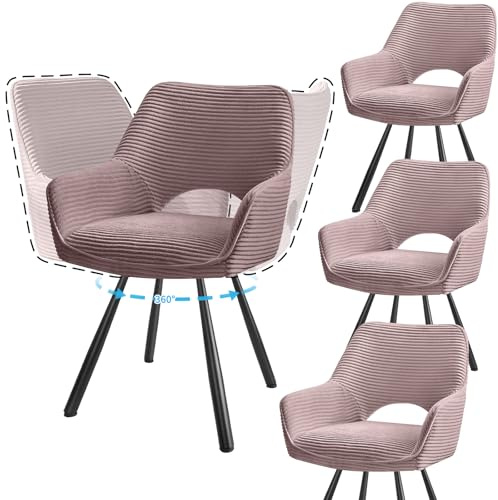 JIJIAN 4er Set 360° Drehbare Esszimmerstühle mit Armlehnen, Rosa | Drehbar Stühle Esszimmer mit Metallbeinen, Moderner Küchenstuhl aus Cord, Polsterstuhl für Esszimmer, Küche, Wohnzimmer