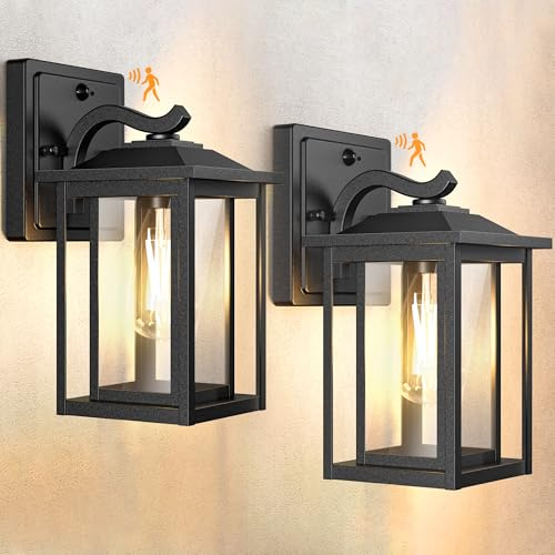 Wondlumi 2er Set Aussenlampe mit Bewegungsmelder E27 Glas IP44 Schwarz | Außenleuchte Bewegungssensor Industrial 3 Beleuchtungsmodi Wandlampe 230V Metall Balkon Haustür Garage ohne Leuchtmittel