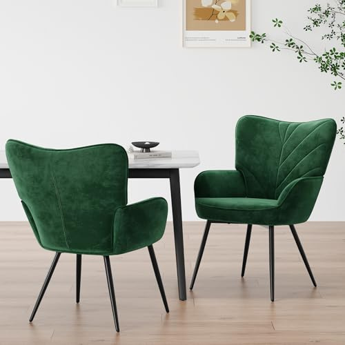 COLAMY Esszimmerstühle mit Armlehnen 2er Set, Stühle Esszimmer mit Rückenlehne, Polsternder Küchenstühle Gepolstert mit Wingback, Dining Chairs mit Holzbeinen für Esszimmer, Küche, Restaurant, Grün