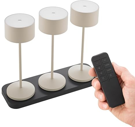 SIGOR Veluna Remote 3er-Set dünenbeige inkl. Ladestation - LED Akku-Tischlampe dimmbar & kabellos mit Fernbedienungsfunktion, FlexMood (2200K/2700K), bis 14h Leuchtdauer, IP44 Outdoor & Indoor