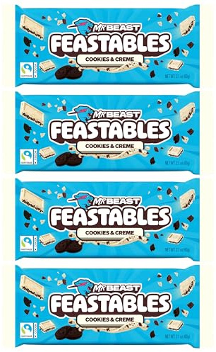 Feastables MrBeast Chocolat Blanc Cookies & Cream – Tablette avec Morceaux de Biscuit – Lot 4 x 60 g – 240 g