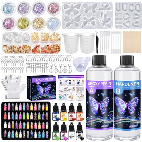 TOSUTO Kit Resina Epoxi Transparente 600ml,Resina Epoxi Kit Fabricación,Resina Epoxi Manualidades con Purpurina, Pigmento, para Bricolaje,Artesanía, hacer Colgante,Llavero