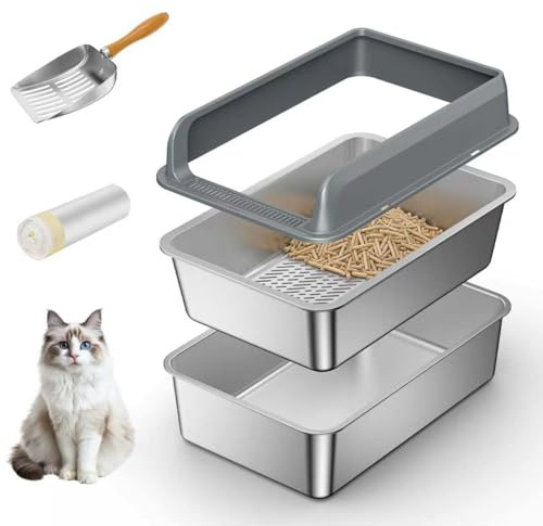 All Stainless Steel Sifting Litter Box with Lid,Metal Sifting Cat Litter Box for Pine Pellets,High Sides Sifter Litter Pan System for Kittens,Odor Control,Sifting Box Liners and Scoop