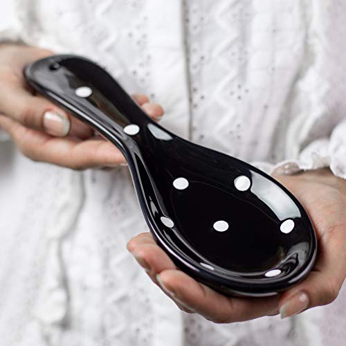 City to Cottage Spoon Rest for Stove Top, Large Ceramic Spoon Holder for Kitchen Counter, Cooking Utensil Rest for Countertop, Handcrafted Black and White Polka Dot Spoon Rest for Ladle, Spatula, Tong
