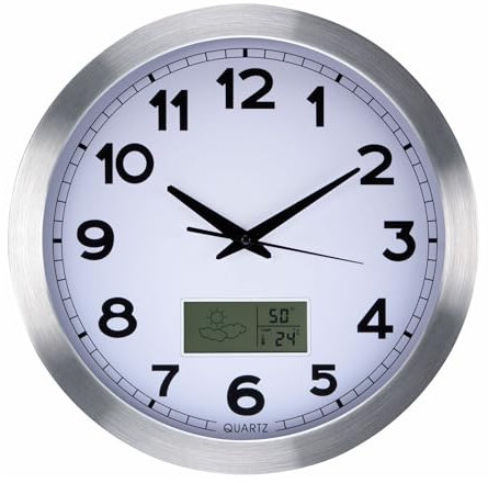 Perel Horloge Murale, Pendule Murale, Horloge analogique Murale, écran LCD avec thermomètre, hygromètre et prévisions météo, DCF, Rond, 35 cm, Aluminium, argenté