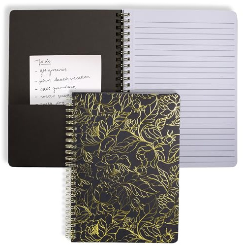 Steel Mill & Co Cute Black Mini Spiral Notebook, 8.25 x 6.25 Journal with Durable Hardcover and 160 Lined Pages, Linear Gold Floral