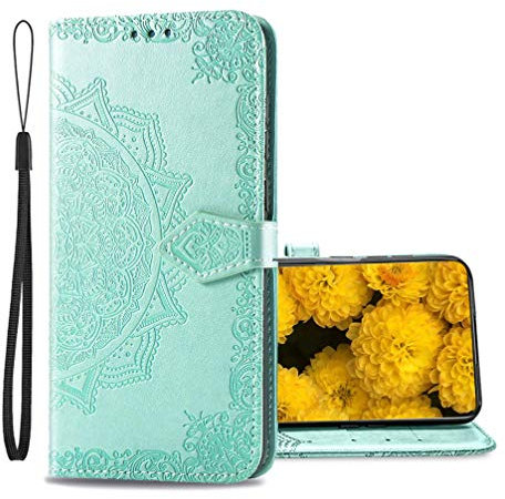 BRAND SET Handyhülle für Sony Xperia 10 II Hülle Leder Wallet Tasche Cover Retro Blumen Muster Design Klapphülle Handytasche Phone Case für Sony Xperia 10 II-Grün
