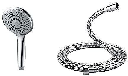 GRIFEMA COMPLENTO-G803 Round 120mm Big Hand Shower with Water-Saving Funtion, Handheld Shower Head with 5 Spray Patterns & G851-20 Universal Shower Hose, Flexible Pipe Tube, 200 cm, Stainless Silver