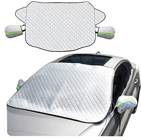 8sanlione Car Windshield Snow Cover with Side Mirror Cover, 4 Layers Winter Frost Protection for Any Weather, Windscreen Covers with Magnetic Edges, Front Window Automotive Covers for Car SUV Trucks