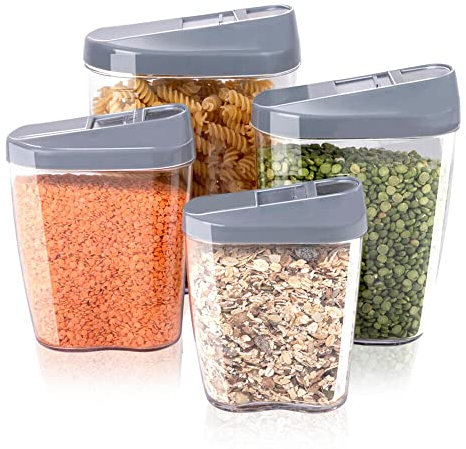 Vivo Technologies 4 Pcs Cereal Storage Containers, Plastic Airtight Food Storage Container with Removable Lid Kitchen Organiser Box BPA Free for Kitchen Storage & Organisation, 4 Different Sizes，Grey