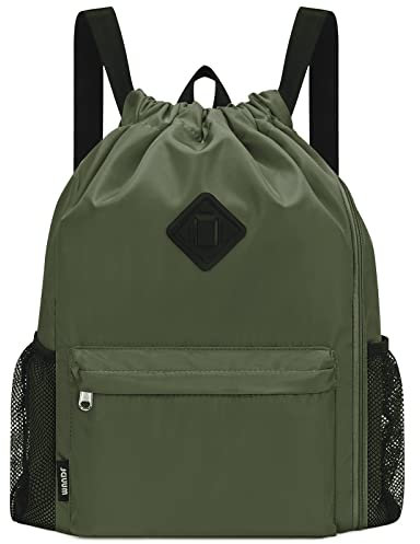 WANDF Drawstring Backpack Sports Gym Bag with Shoes Compartment, Water-Resistant String Backpack Cinch for Women Men (Dark Green,Large)