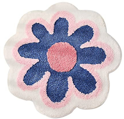 NFNSIG Blumenförmige Badezimmerteppiche, 40 cm, Niedliche Gänseblümchen-Badematte, Runde, Weiche, Superfeine Faser, Blumen-Bodenmatte, Saugfähige, Maschinenwaschbare Badewannenmatten für die(blau)