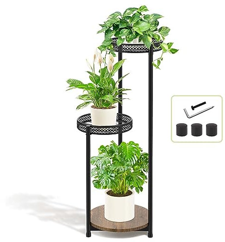 KAZITOO 3-Tier Metall Pflanzenständer Topf Stand Indoor Outdoor, 76cm Ecke Pflanzenhalter Pflanzenregal für Blumentöpfe, moderne Pflanzenhalter Display Rack mit Holzplatte für Büro Garten Balkon Patio