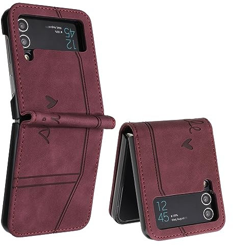 QIWEIQING Compatibili con Samsung Galaxy Z Flip 4 Custodia, Libro Pelle PU e TPU Silicone con Chiusura Magnetica Portafoglio Libretto Bumper Case per Samsung Galaxy Z Flip 4 Red wine HX