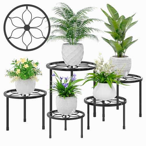 VECELO 5er-Pack Pflanzenständer aus Metall für Zimmerpflanzen, mehrere robuste Blumentopfständer/runder Pflanzenhalter für Outdoor-Pflanzgefäß, Wohnzimmer, Balkon Dekor, schwarz