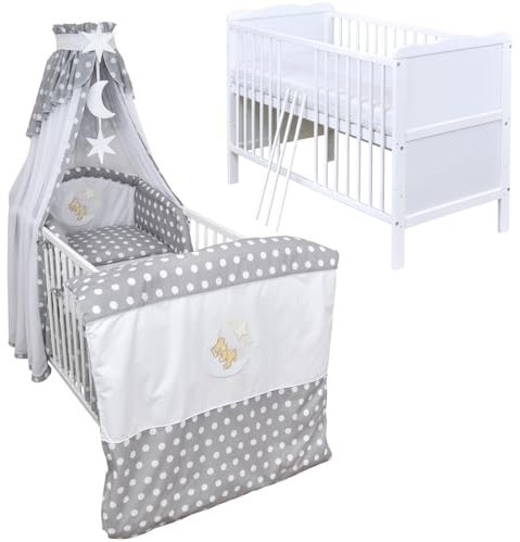 Generisch Baby Delux Babybett Komplett Set Kinderbett 60x120 cm umbaubar zum Juniorbett weiß 10-TLG Max Bettset Matratze Chiffonhimmel (Mond Grey Dots)