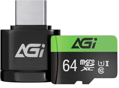 AGI TF138 3 en 1, MicroSDXC 64 Go Carte Micro SD avec Adaptateur et Lecteur, Type C USB 2.0 OTG Lecteur de Carte mémoire pour PC, Ordinateur Portable, Smartphone