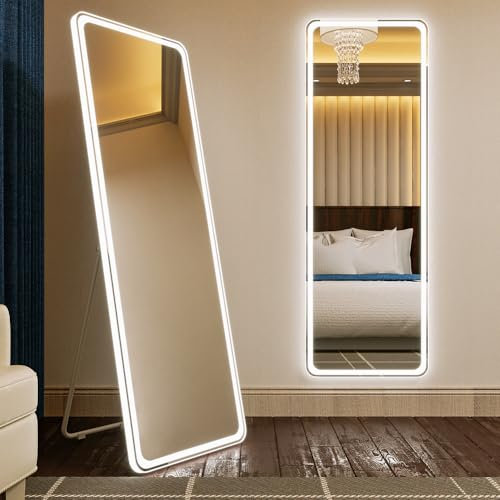 KWW LED Volllängenspiegel mit Lichtern stehend, schwarzer Aluminium gerahmter großer ganzer Körper dimmbarer Ankleidespiegel Boden/an der Wand befestigter Eitelkeits-Make-up-Spiegel (55 x 160 cm)