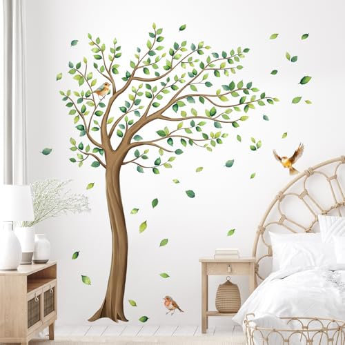 Tanlaby Arbol Grande Adhesivos Pared Hojas Verde Pájaros Pegatinas de Pared Autoadhesivos Murales Removibles para Dormitorio Salón TV Sofá Pared Oficina Pegatinas Pared Decoración